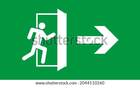 Emergency exit. Sign of fire exit. Icon for safety escape. White door, arrow and human on green background. Symbol of evacuation. Signage for help, run, rescue from building. Route of rescue. Vector.