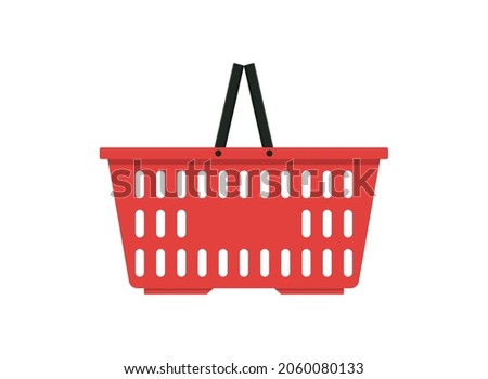 Red basket for supermarket. Plastic shop basket with hand isolated on white background. Icon of market, shopping and buy. Cart for purchase, grocery and goods. Empty bag for food. Flat logo. Vector.