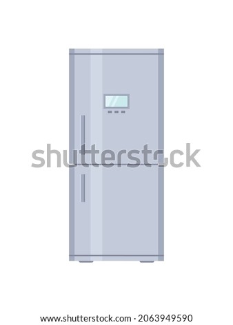 Fridge. Closed refrigerator with freezer. Empty fridge with door and shelf for kitchen. Inside modern machine for storage, cold of products. Cartoon illustration in flat style. Isolated icon. Vector.