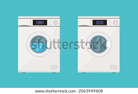 Wash machine. Open and close washer. Icon of laundry. Wash machine with drum, window, door, button and item panel. Washingmachine with detergent in laundering process. Home equipment in front. Vector.