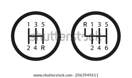 Gear shifter. Icon of car transmission. Manual box of shifter. Symbol of gearbox for stick of auto. Icon of 5 or 6 on lever for speed. Pictogram logo isolated on white background for vehicle. Vector. Foto stock © 