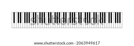 Piano keyboard. Grand keyboard for music. Keys of synthesizer. Key of piano top view. Icon of black and white keys of instrument. Pictogram illustration for jazz, orchestra, pianoforte, school. Vector