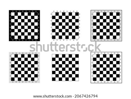 Chess board. Pattern of chessboard. Set of checkerboards. Black-white check texture for game. Background chessboard with letters and numbers. Wood square for checkmate. Vector. Сток-фото © 