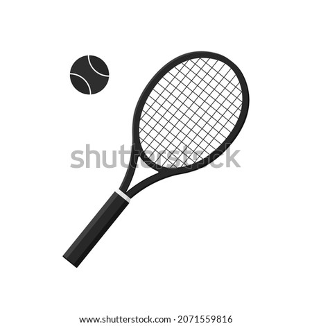 Tennis racket with ball. Icon of racquet for court. Logo of tennis rocket and ball isolated on white background. Sport equipment for game, match, competition. Silhouette for club of badminton. Vector.