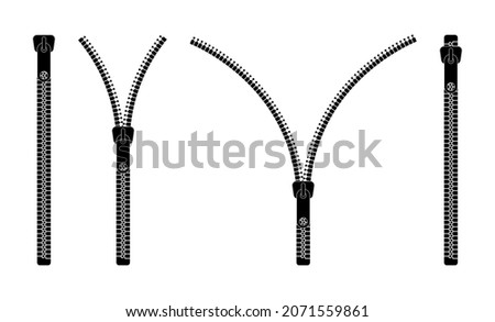 Zip icon. Zipper for bag, jacket and clothing. Open and closure of fastener of clothes. Pull lock by teeth for unzip. Fastener for pocket. Fashion accessories for textile and leather. Vector. Сток-фото © 