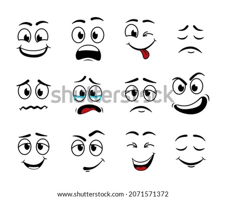 Cartoon face. Expression of eye and mouth. Smile and sad character. Set of funny, cute, angry, confused, laugh, crazy, evil and cry facial. Icon of comic. Sketch of doodle emoticon. Vector.