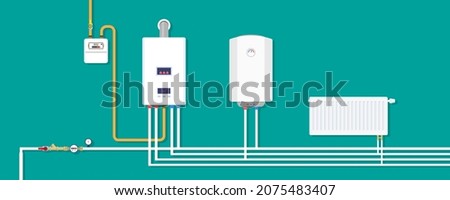 Heating system in house. Gas boiler, radiator, electric boiler, gas meter, water meter, pump, control equipment and pipes. Basement room in home with furnace on wall. Modern mounted tank. Vector. Сток-фото © 