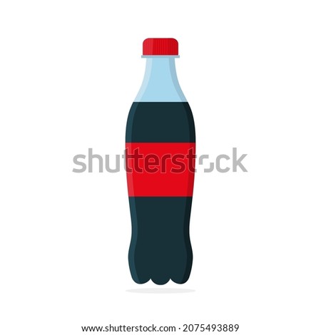 Soda bottle. Plastic bottle with drink. Icon of cola. Red fizzy drink caffeine and sugar. Black cold soft water. Beverage in container with cap. Logo for cool kola isolated on white background. Vector