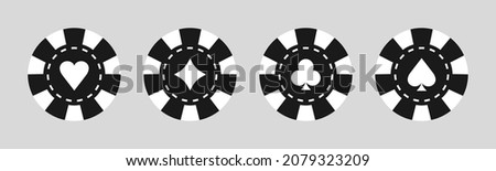 Poker chip of casino. Token or coin isolated on white background. Jackpot and blackjack in roulette. Set of black-white chips for game in Las Vegas. Icon for gambling. Logos for bet, play. Vector.