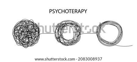 Psychotherapy concept. Untangle mind. Logo of chaos, tangle and change with help of coach. Transformation of brain. Evolution of mind after psychologist. Abstract doodle symbol. Vector.