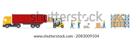 Fulfilment of order on warehouse. Loading of boxes with goods to truck with help forklift, worker. Work process in wholesale distribution and logistic center. Delivery operator and merchandise. Vector Imagine de stoc © 