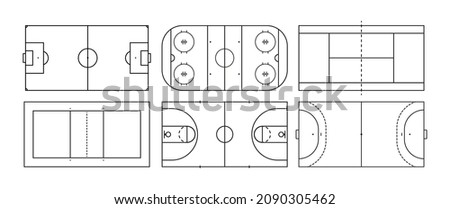 Field of basketball, soccer, hockey, volleyball and tennis. Sport court in line style. Vector icon top view. Outline set for american football, handball and baseball. Black icons isolated.