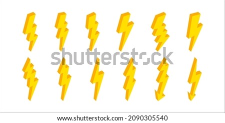 3d lightning. Isometric lightning icons. Flash of energy with thunder. Bolt and thunderbolt. Electric power of lightening in storm. Elements for fast, charge, battery and danger. Vector.