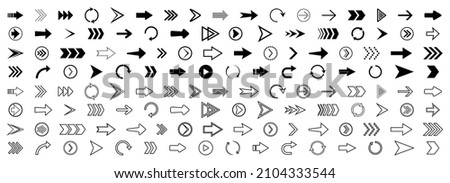 Arrow icons. Set of outline right arrows. Icons for button of next, forward, down, up, back and rewind. Symbols of web navigation. Black signs for direction. Modern logos for app, website. Vector.