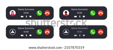 Call interface. Incoming or decline call. Mockup interface for phone screen. Ui with button, video, avatar and chat. App for smartphone isolated on white background. Vector.