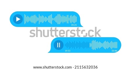 Voice message. Audio chat icons. Record audio message. Bubble with sound call and waves. Ui for mobile phone messenger. Interface and buttons for speech recorde and speaker. Vector.