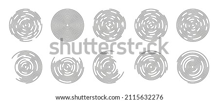 Concentric circles. Round line pattern. Ripple circular shapes. Broken circles. Vortex geometric sonar. Design graphic circles on white background. Vector.