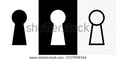 Keyhole icon. Door key hole. Shape of lock of door. Black, white and outline icons isolated on transparent background. Pictogram of keyhole. Logo for home and entrance. Vector.
