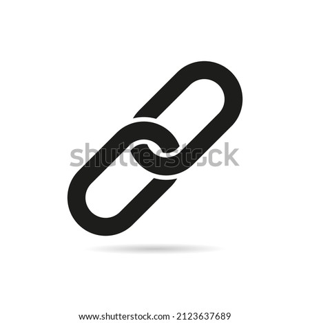 Link icon. Link and chain icon with shadow. Web symbol of hyperlink, strength and attach. Flat partnership sign. Graphic pictogram of clip. Vector.