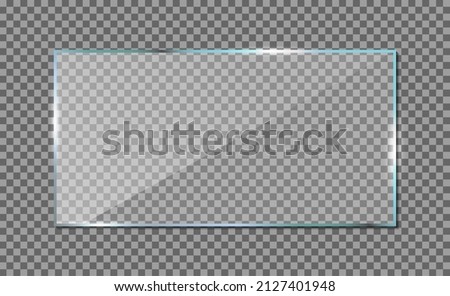 Glass mockup with frame isolated on transparent background. Acrylic plexi glass. Rectangle window mockup with shadow. Glossy clear surface. Horizontal panel, frame for digital screen. Vector.