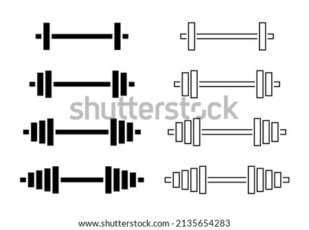 Barbell icon. Barbell icons isolated on white background. Dumbbell for gym and training. Logos of strength, fitness, gym and health. Lifting of weight. Line silhouettes for exercise. Vector.