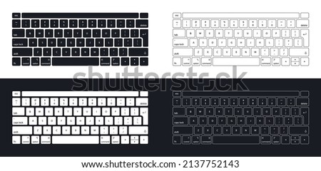 Keyboard computer. Keyboard laptop. Modern key buttons for pc. Black, white outline isolated on white black background. Icons of control, enter, qwerty, alphabet, numbers, shift, escape. Vector.