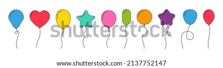 Balloon. Flat baloons with line. Ballons in cartoon style. Bunch of balloons for birthday and party. Flying ballon with rope. Blue, red, yellow and green ball isolated on white background. Vector.
