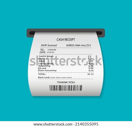 Paper receipt from atm. Print invoice in supermarket. Print cash bill or ticket. Atm reciept after payment. Invoice with list of purchases. Isolated illustration on blue background. Vector.