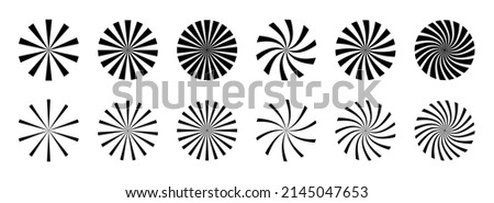 Radial sun burst. Black-white round sunburst icons. Starburst circles. Abstract stripes with center. Sunburst elements isolated on white background. Circular stars. Vector.