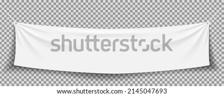Fabric banner. Hanging white textile banner with rope. White canvas with folds. Blank horizontal mockup of poster isolated on transparent background. Realistic advertising. Vector.