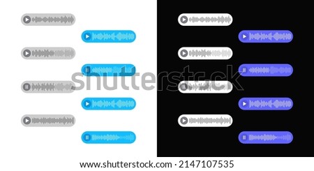 Audio message. Voice chat isolated on white and black background. Mockup of audio file in messenger. Design of interface for app. Record, send and player sound bubbles. Vector.