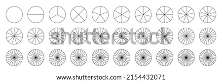Pie of circle. Chart with segments. Round pie with divide and 29 segments. Diagram with sections. Black outline icons for infographic, pizza, fraction, piechart and portion. Vector. Photo stock © 