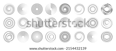 Circle dot pattern. Halftone round dot pattern. Spiral halftone frame. set of abstract ripple patterns. Circular graphic textures isolated on white background. Half tone elements. Vector.