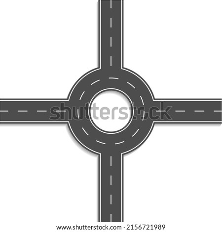 Roundabout road. Round crossroad. Circle junction. Asphalt street top view. Round highway for traffic, constructor and roadway. Vector.