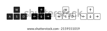 Arrow keyboard. Arrows direction on keyboard. Navigation icons of down, up, left and right direction. Outline buttons isolated on white and black background. Computer wasd keypad. Vector.
