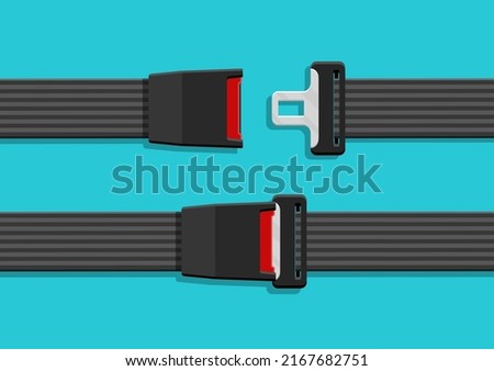 Belt safety of car. Belt safety on seat car. Fasten seatbelt for safe in airplane. Flat icon of security for plane, auto and truck. Sign of protection in traffic isolated on blue background. Vector.