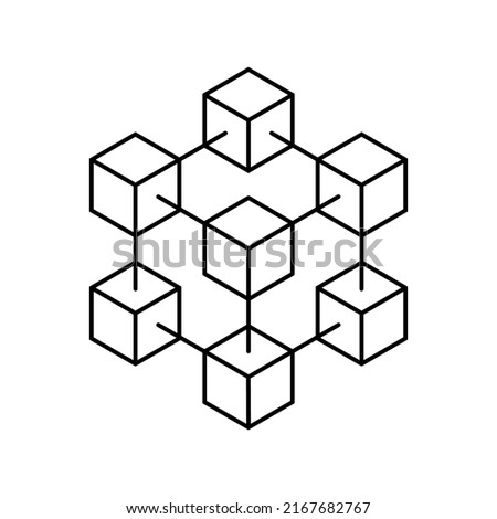Blockchain icon. Blockchain structure. Block chain logo. Cube in line style. Crypto currency symbol. Crypto business. Cryptography data. Network technology. Vector.