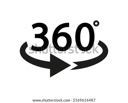 360 degree arrow. Icon with 360 degree. Arrow icon with rotate angle. 3d sign for panorama view. Round symbol with angle of turn isolated on white background. Vector.