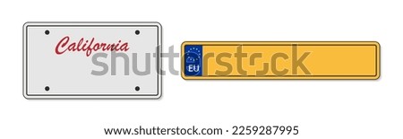 Car plate with number. American and european license and registration of vehicle. Sign of california and europe licence. Euro and usa numberplates of auto. Style templates. Vector.