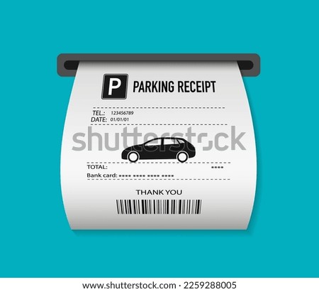Parking ticket for car. Paper receipt in pay machine on exit. Pos terminal before barrier, for payment of bill or tax. Icon of invoice for park zone. Vector.