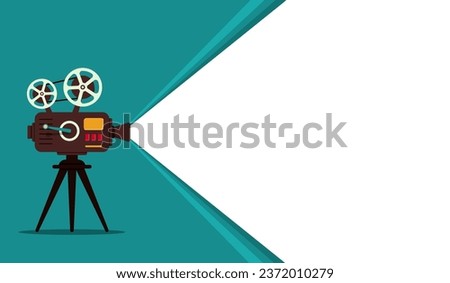 Retro movie projector for cinema's background. Cinematography poster for festival design. Vintage camera with film reel and spotlighted place. vector