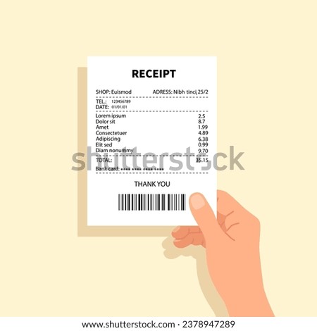 Hand holds paper receipt. Bill icon of payment. Expense balance of shopping. Man's hand holding medical or restaurant check. vector illustration