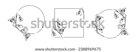 First spring flowers. Snowdrops vector graphic illustration. Delicate flowers circle and squar frame for celebration design. 