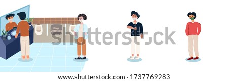 People keep distance from each other and wearing face mask while waiting to go to the toilet. Coronavirus, physical distancing, new normal after covid-19. Vector illustration in flat cartoon style.