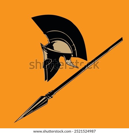 Antique helmet with spear. Vector illustration isolated on orange background for design of your illustrations and scenes in antique style