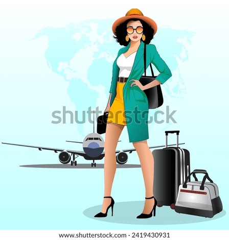 Vector illustration of a businesswoman traveling around the world.