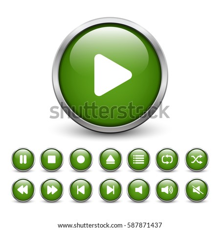 Set of green media player buttons with metal frame and shadow
