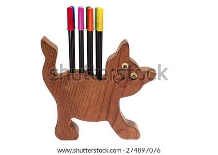 Colorful pens and cat pen holder on white isolated background with clipping path.