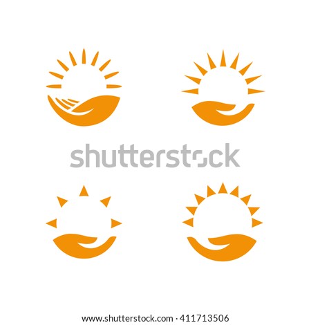 Weather logo set. Hand holding the sun. Vector 