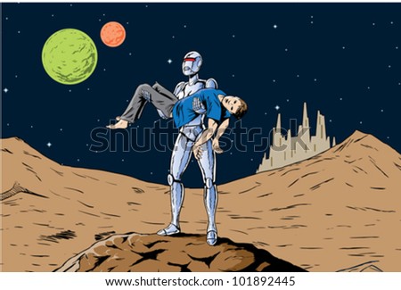 Robot girl carrying away a man, a feminist homage.